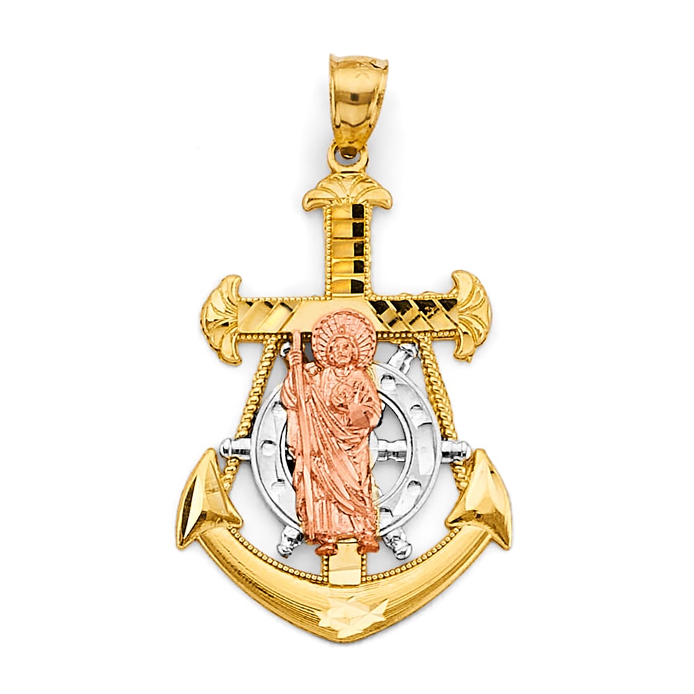 14K 2C ANCHOR ST. JUDE THADDEUS PENDANT: 14K 2C Anchor St. Jude Thaddeus Pendant Type: Pendant Material Type: 14k Gold Material Color: Two Tone Avg. Weight: 3.8 Gr. Size: Height : 45 mm, Width : 25 mm Accessories: None Notice: Wh