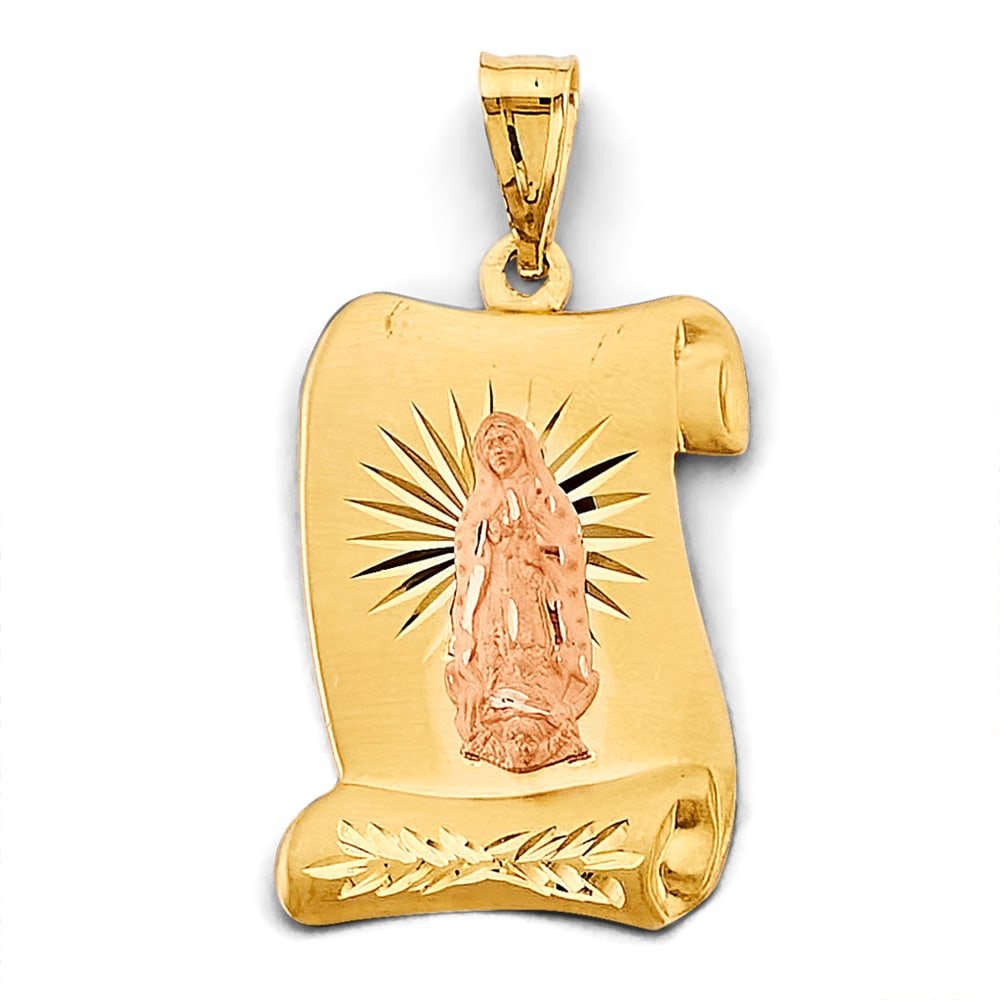 14K 2T STAMP GUADALUPE PENDANT: 14K 2T Stamp Guadalupe Pendant Type: Pendant Material Type: 14k Gold Material Color: Two Tone Avg. Weight: 3.52 Gr. Size: Height : 40 mm, Width : 20 mm Accessories: None Notice: When purch