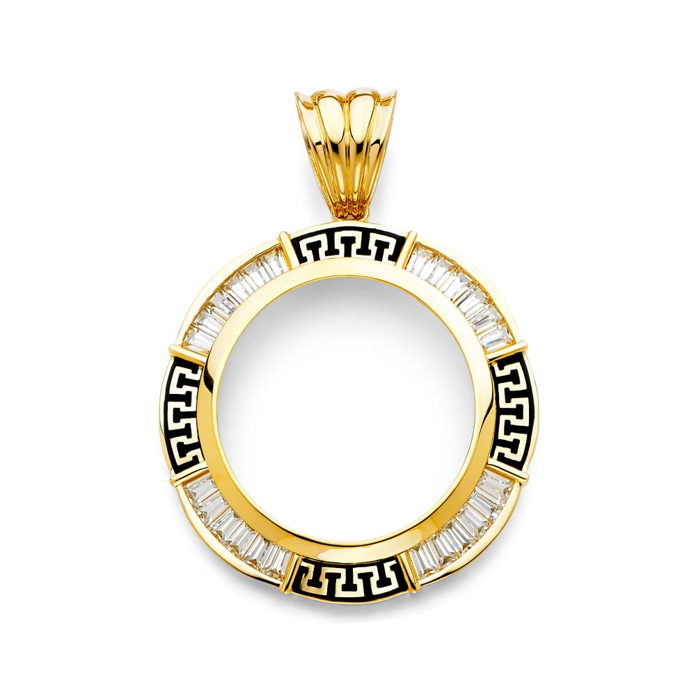 14KY CZ GREEK CZ FRAME: 14KY CZ Greek CZ Frame Type: Pendant Material Type: 14k Gold Material Color: Yellow Avg. Weight: 20.88 Gr. Size: Height : 70 mm,Width : 50 mm Accessories: None Notice: When purchasing pre-