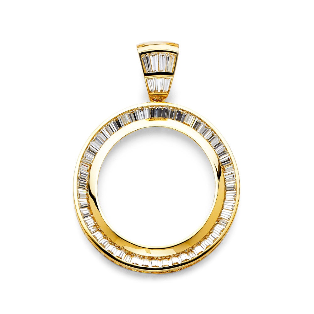 14KY BAGUETTE CZ FRAME: 14KY Baguette CZ Frame Type: Pendant Material Type: 14k Gold Material Color: Yellow Avg. Weight: 21.44 Gr. Size: Height : 70 mm,Width : 50 mm Accessories: None Notice: When purchasing pre-