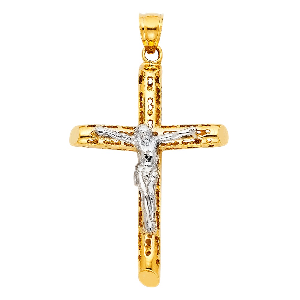 14K 2T CUT OUT CRUCUFIX PENDANT: 14K 2T Cut Out Crucufix Pendant Type: Pendant Material Type: 14k Gold Material Color: Two Tone Avg. Weight: 4.39 Gr. Size: Height : 50 mm,Width : 30 mm Accessories: None Notice: When purch