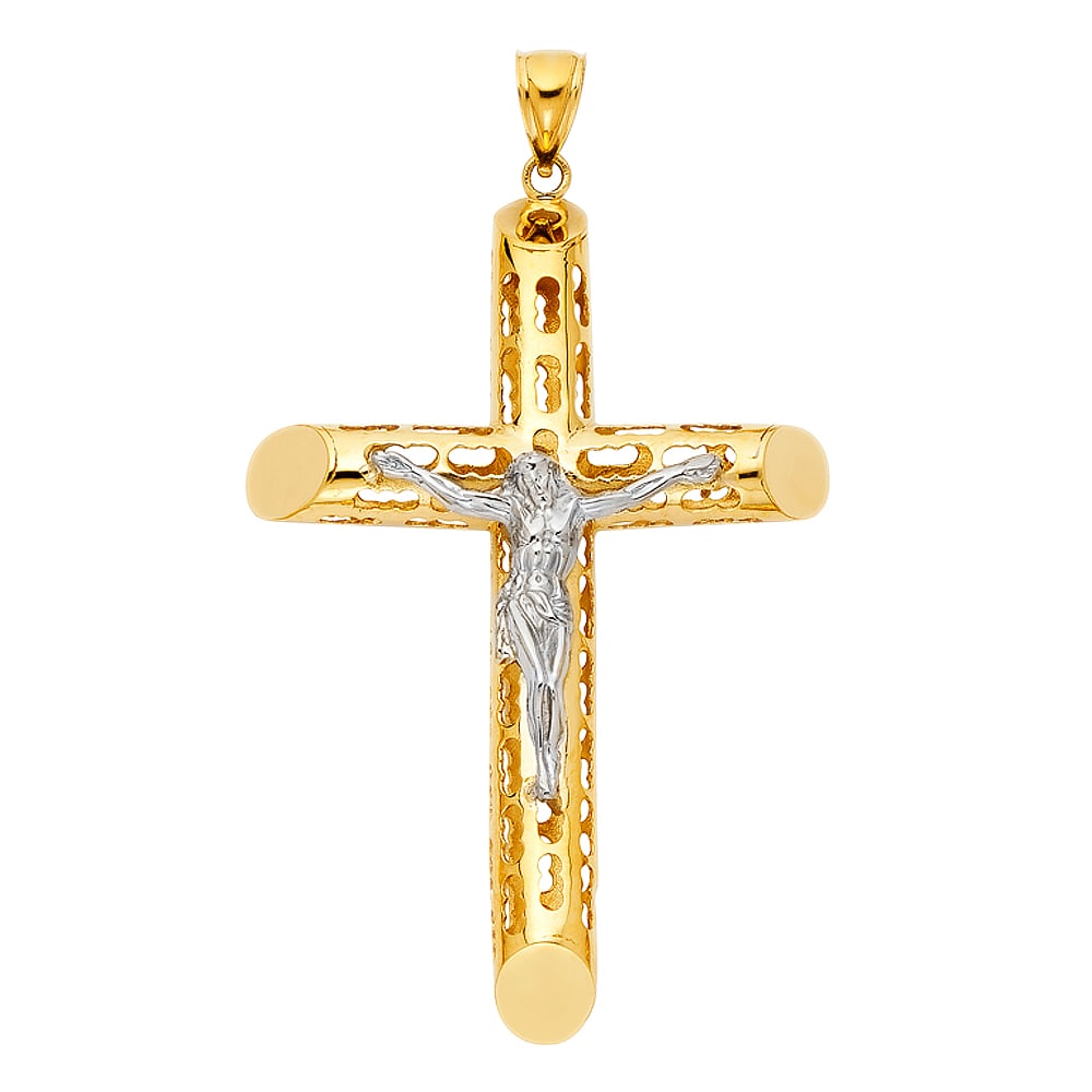 14K 2T CUT OUT CRUCUFIX PENDANT: 14K 2T Cut Out Crucufix Pendant Type: Pendant Material Type: 14k Gold Material Color: Two Tone Avg. Weight: 17.83 Gr. Size: Height : 90 mm,Width : 50 mm Accessories: None Notice: When purc