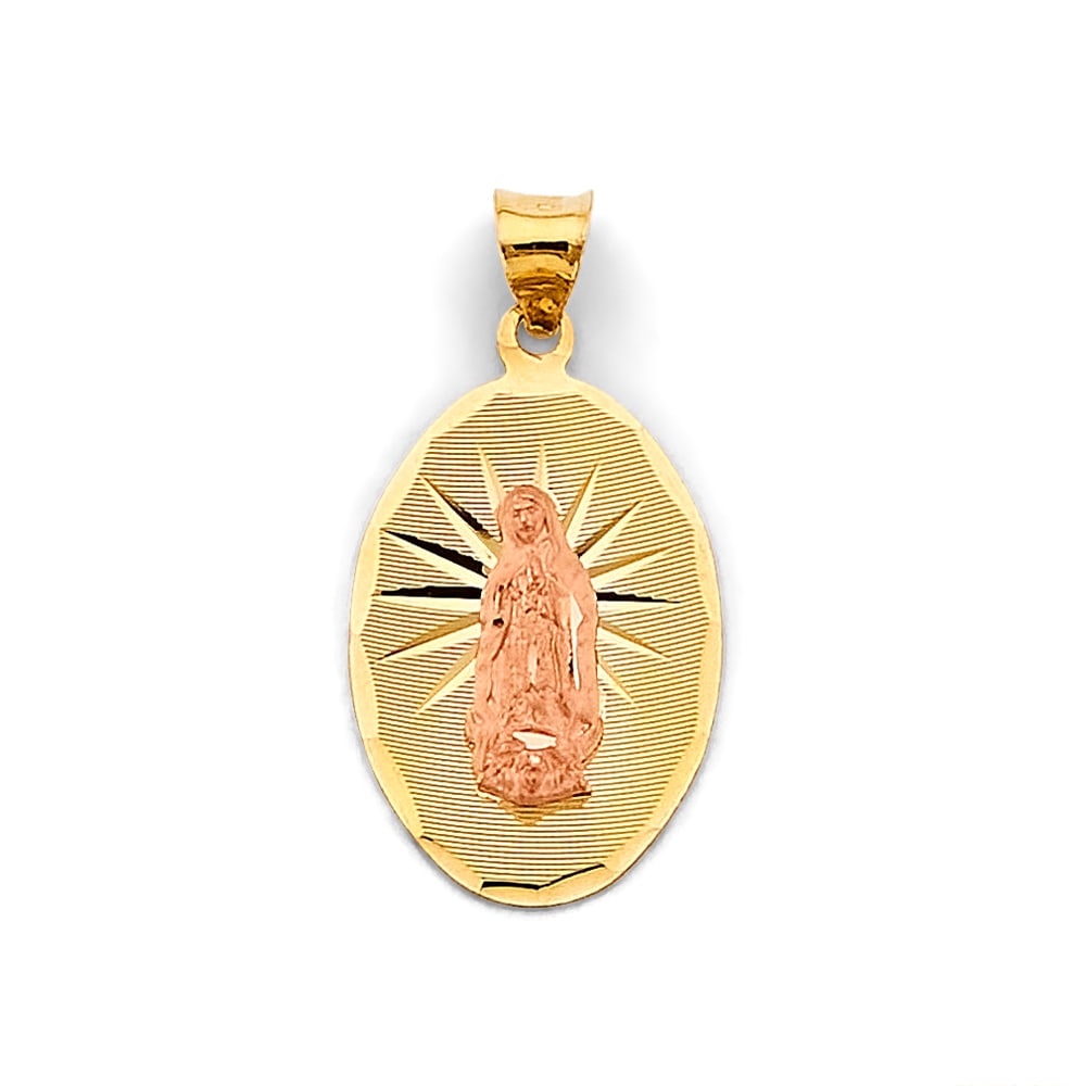 14K 2T STAMP GUADALUPE PENDANT: 14K 2T Stamp Guadalupe Pendant Type: Pendant Material Type: 14k Gold Material Color: Two Tone Avg. Weight: 1.64 Gr. Size: Height : 28 mm, Width : 15 mm Accessories: None Notice: When purch