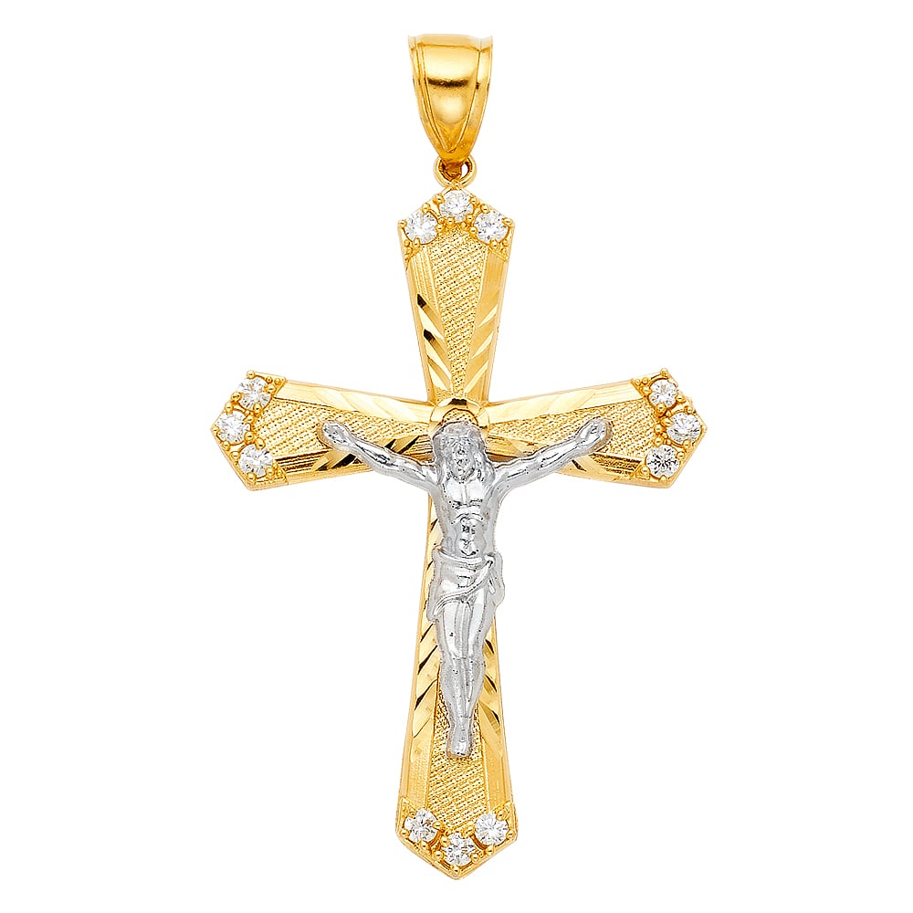 14K 2T CZ CUT OUT CRUCUFIX PENDANT: 14K 2T CZ Cut Out Crucufix Pendant Type: Pendant Material Type: 14k Gold Material Color: Two Tone Avg. Weight: 5.56 Gr. Size: Height : 51 mm,Width : 37 mm Accessories: None Notice: When pu