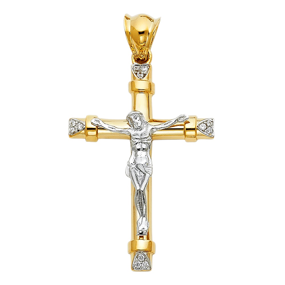 14K 2T CZ FANCY CRUCUFIX PENDANT: 14K 2T CZ Fancy Crucufix Pendant Type: Pendant Material Type: 14k Gold Material Color: Two Tone Avg. Weight: 6.19 Gr. Size: Height : 44 mm,Width : 30 mm Accessories: None Notice: When purc