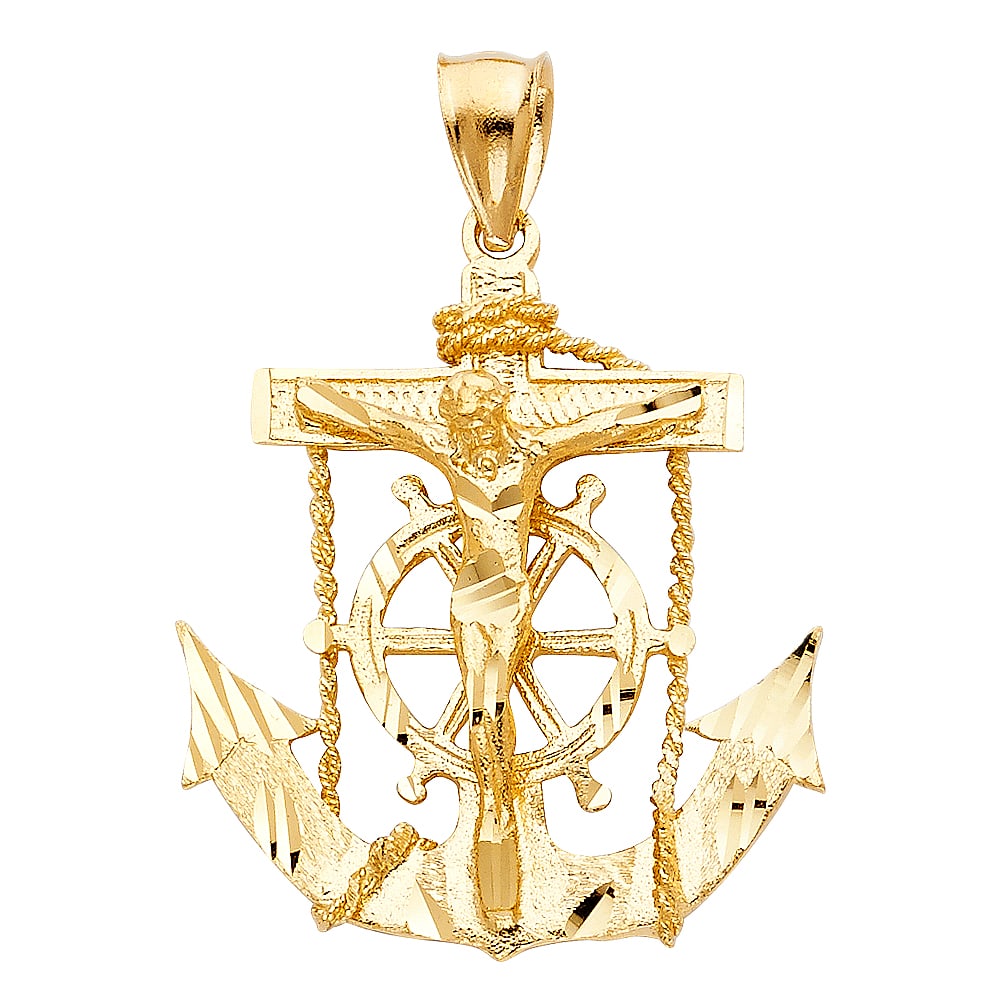 14KY MARINER CRUCUFIX PENDANT: 14KY Mariner Crucufix Pendant Type: Pendant Material Type: 14k Gold Material Color: Yellow Avg. Weight: 6.33 Gr. Size: Height : 35 mm,Width : 32 mm Accessories: None Notice: When purchasin