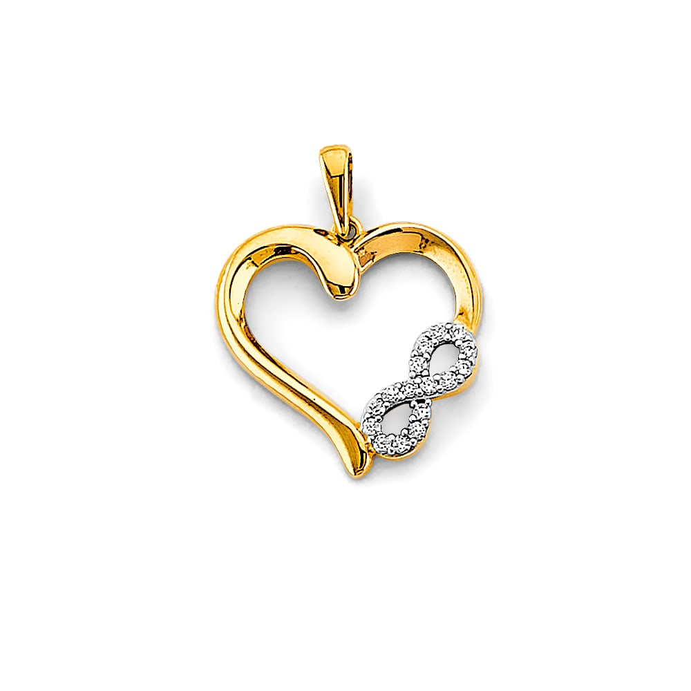 14K 2T CZ HEART INFINITY PENDANT: 14K 2T CZ Heart Infinity Pendant Type: Pendant Material Type: 14k Gold Material Color: Two Tone Avg. Weight: 1.2 Gr. Size: Height : 20 mm, Width : 15 mm Accessories: None Notice: When purc