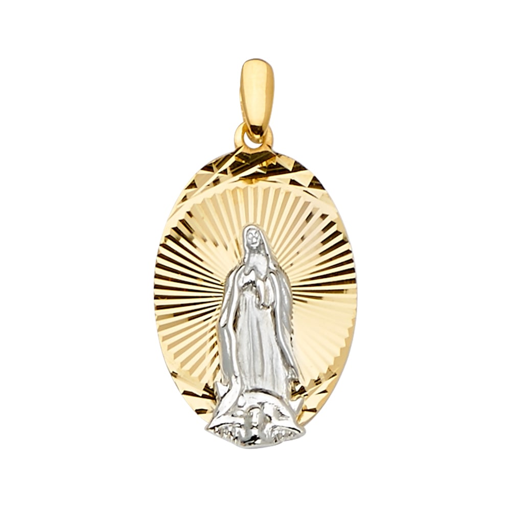 14K 2T GUADALUPE MEDAL PENDANT: 14K 2T Guadalupe Medal Pendant Type: Pendant Material Type: 14k Gold Material Color: Two Tone Avg. Weight: 2.87 Gr. Size: Height : 32 mm,Width : 17 mm Accessories: None Notice: When purchasing