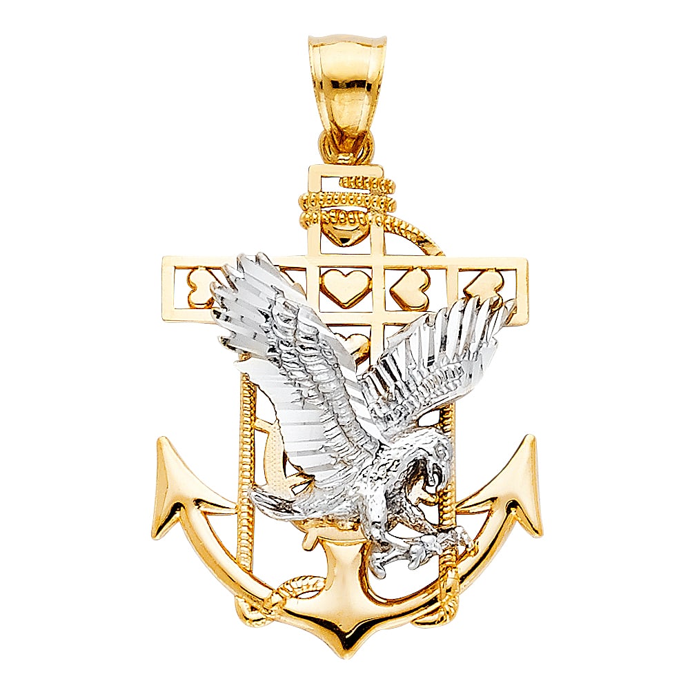 14K 2T MARINER EAGLE PENDANT: 14K 2T Mariner Eagle Pendant Type: Pendant Material Type: 14k Gold Material Color: Two Tone Avg. Weight: 4.26 Gr. Size: Height : 30 mm,Width : 25 mm Accessories: None Notice: When purchasing