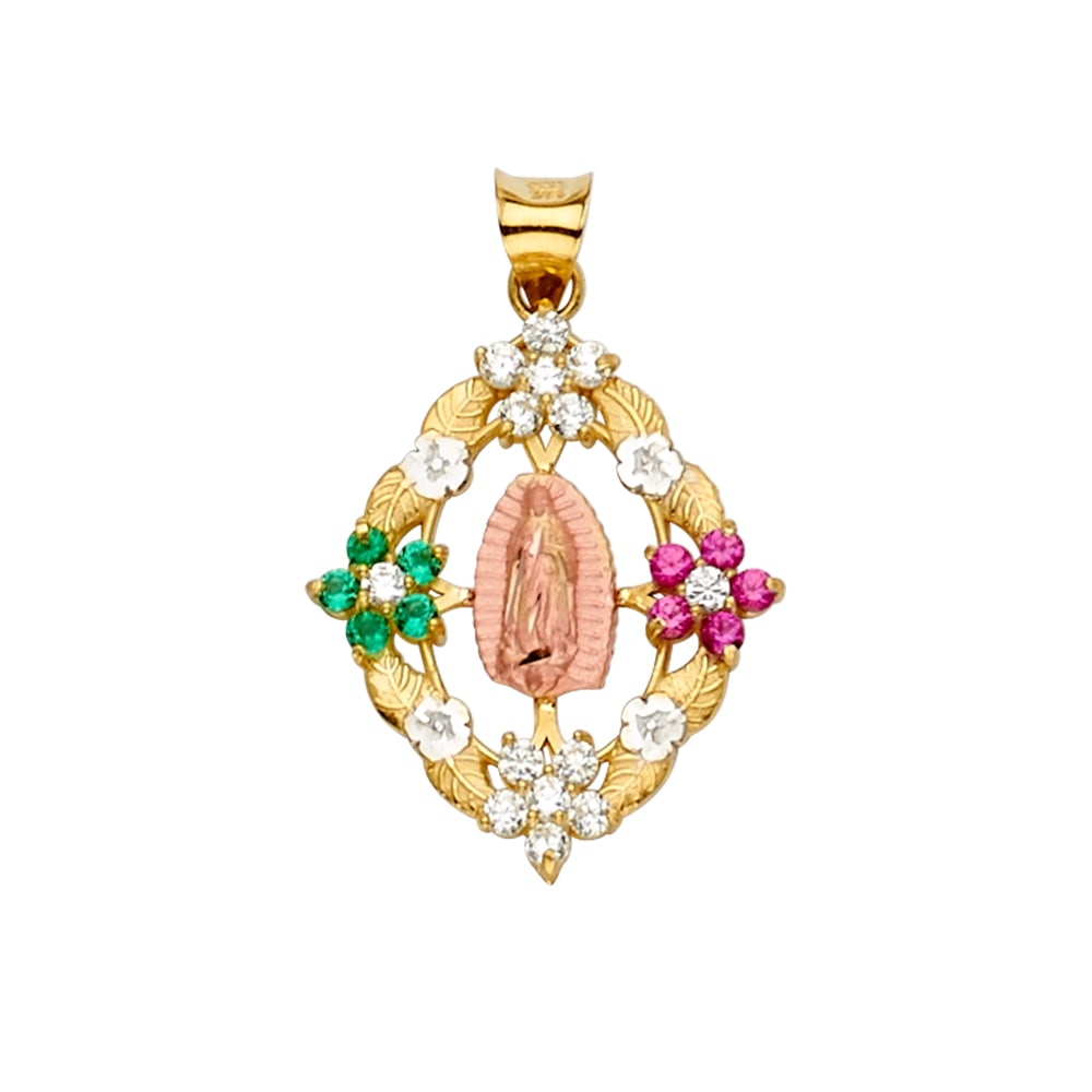 14K CZ GUADALUPE PENDANT: 14K CZ Guadalupe Pendant Type: Pendant Material Type: 14k Gold Material Color: Yellow Avg. Weight: 1.68 Gr. Size: Height : 27 mm,Width : 18 mm Accessories: None Notice: When purchasing pre-owned