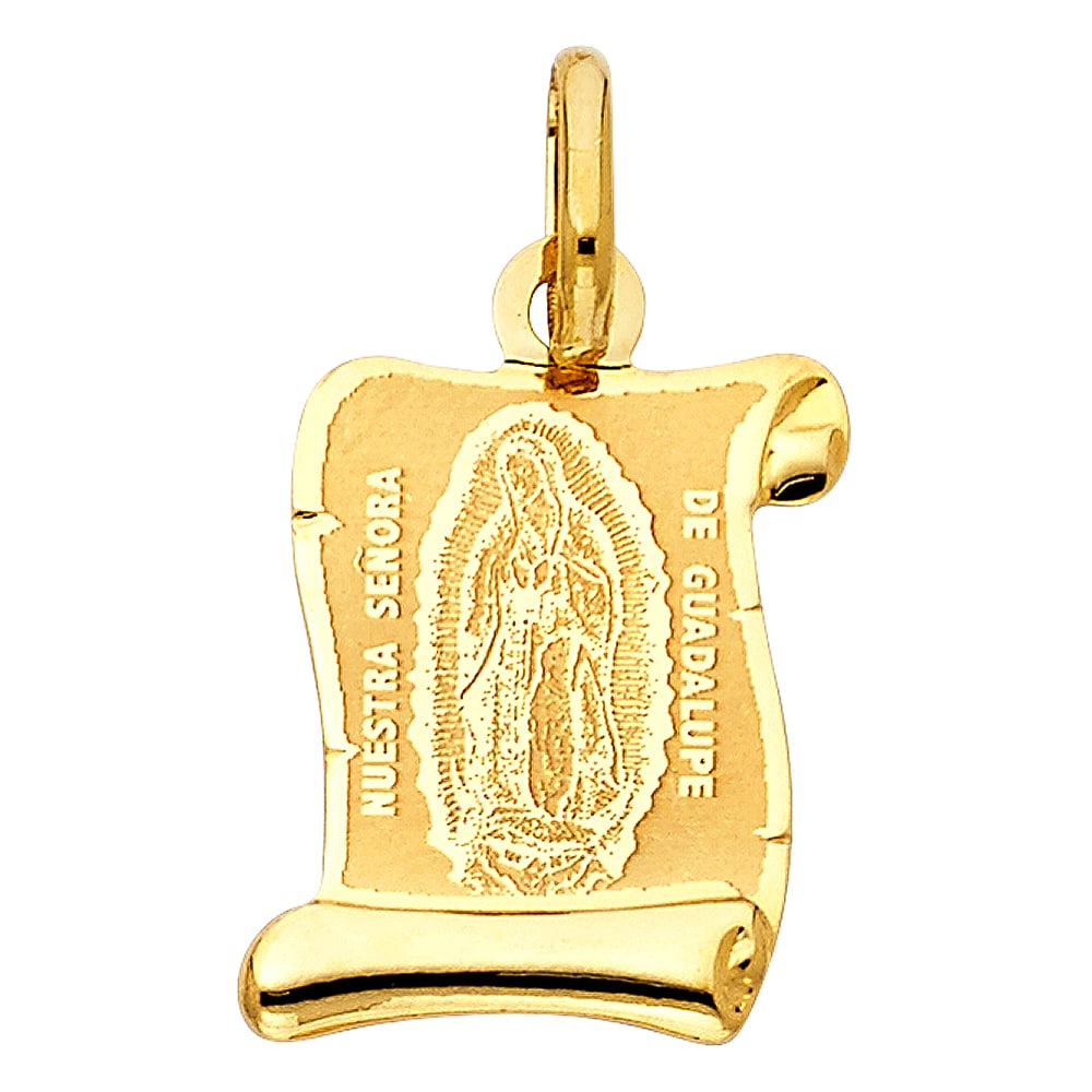 14KY OUR LADY OF GUADALUPE PENDANT: 14KY Our Lady of Guadalupe Pendant Type: Pendant Material Type: 14k Gold Material Color: Yellow Avg. Weight: 0.98 Gr. Size: Height : 18 mm,Width : 15 mm Accessories: None Notice: When purc