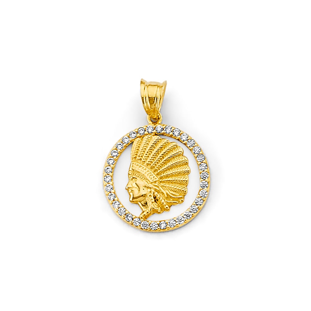 14KY CZ INDIAN PENDANT: 14KY CZ Indian Pendant Type: Pendant Material Type: 14k Gold Material Color: Yellow Avg. Weight: 1.07 Gr. Size: Height : 20 mm, Width : 15 mm Accessories: None Notice: When purchasing pre-