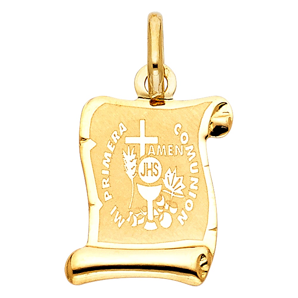 14KY COMMUNION PENDANT: 14KY Communion Pendant Type: Pendant Material Type: 14k Gold Material Color: Yellow Avg. Weight: 0.94 Gr. Size: Height : 18 mm,Width : 15 mm Accessories: None Notice: When purchasing pre-o