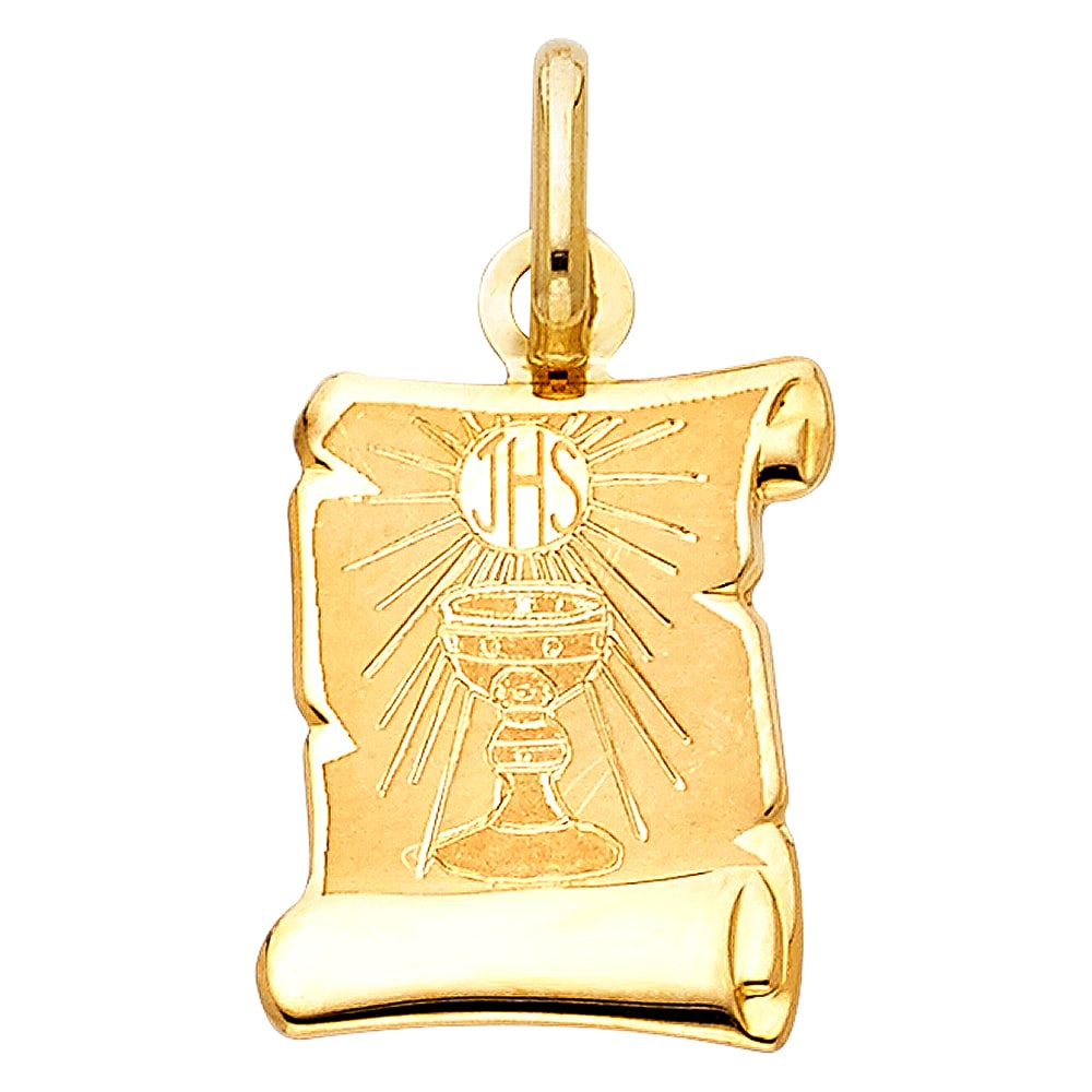 14KY COMMUNION PENDANT: 14KY Communion Pendant Type: Pendant Material Type: 14k Gold Material Color: Yellow Avg. Weight: 0.98 Gr. Size: Height : 18 mm,Width : 14 mm Accessories: None Notice: When purchasing pre-o