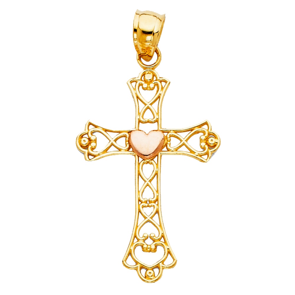 14K 2T HEART CROSS PENDANT: 14K 2T Heart Cross Pendant Type: Pendant Material Type: 14k Gold Material Color: Two Tone Avg. Weight: 0.86 Gr. Size: Height : 35 mm,Width : 18 mm Accessories: None Notice: When purchasing