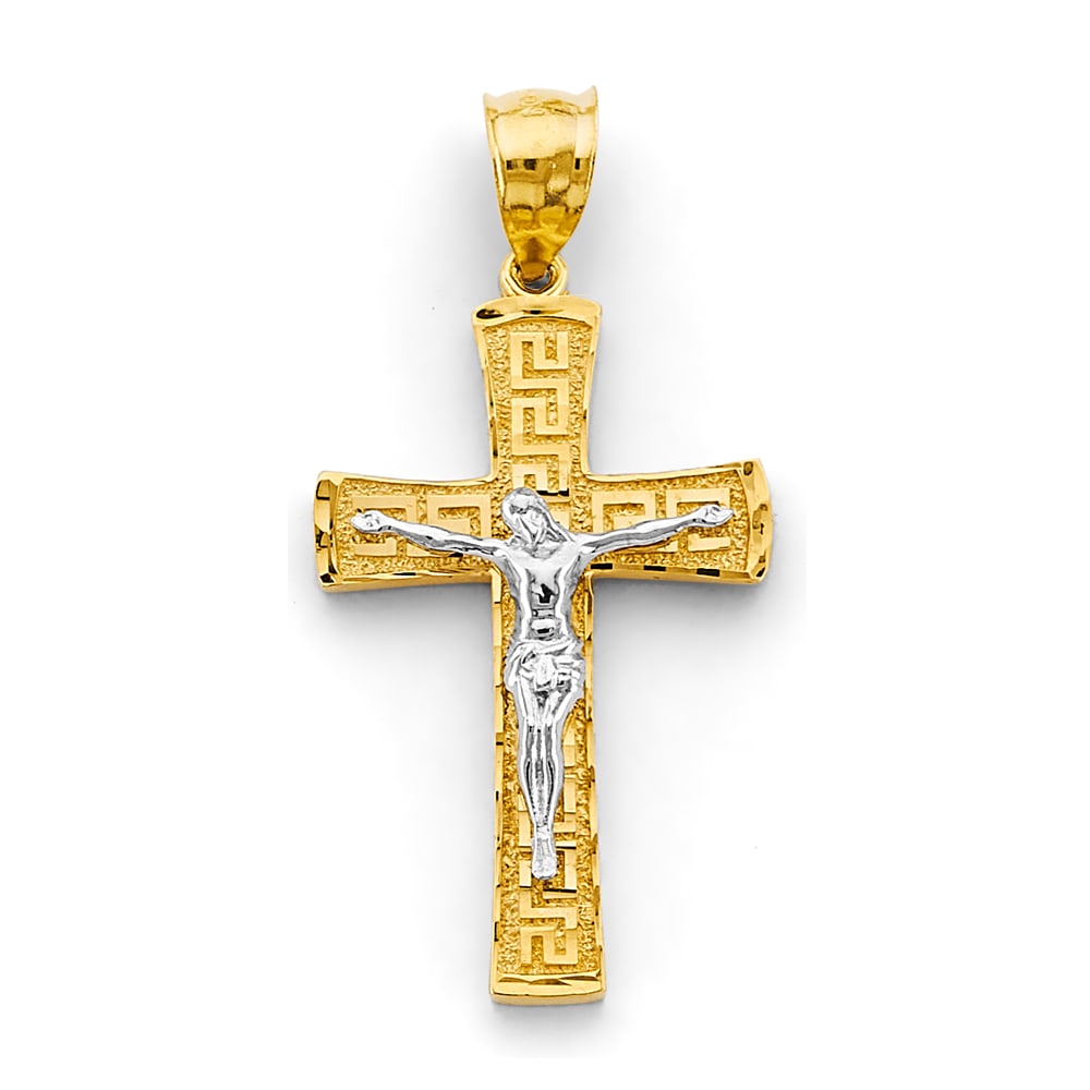14K 2T GREEK CRUCUFIX CROSS PENDANT: 14K 2T Greek Crucufix Cross Pendant Type: Pendant Material Type: 14k Gold Material Color: Two Tone Avg. Weight: 4.68 Gr. Size: Height : 50 mm, Width : 25 mm Accessories: None Notice: When