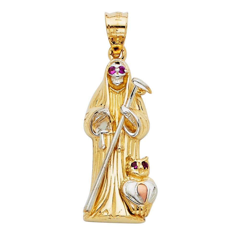 14K 2T SANTA MUERTE PENDANT: 14K 2T Santa Muerte Pendant Type: Pendant Material Type: 14k Gold Material Color: Two Tone Avg. Weight: 3.24 Gr. Size: Height : 35 mm,Width : 10 mm Accessories: None Notice: When purchasin