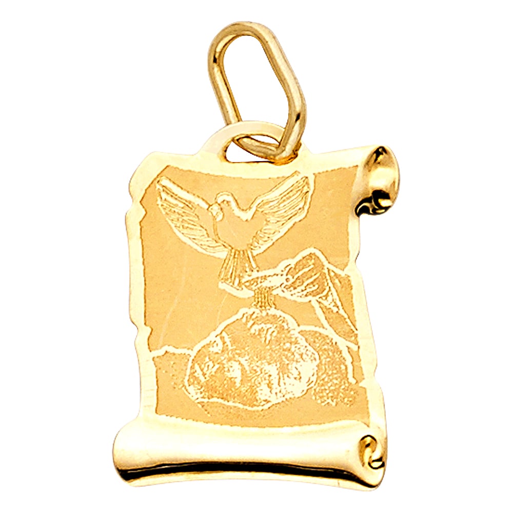 14KY BAPTISM PENDANT: 14KY Baptism Pendant Type: Pendant Material Type: 14k Gold Material Color: Yellow Avg. Weight: 0.49 Gr. Size: Height : 16 mm Width : 12 mm Accessories: None Notice: When purchasing pre-own