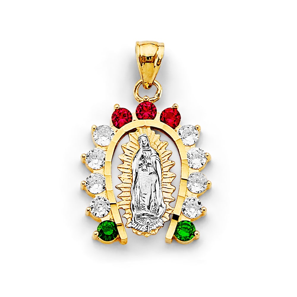 14K 2T CZ HORSE SHOE GUADALUPE PENDANT: 14K 2T CZ Horse Shoe Guadalupe Pendant Type: Pendant Material Type: 14k Gold Material Color: Two Tone Avg. Weight: 4.66 Gr. Size: Height : 27 mm, Width : 18 mm Accessories: None Notice: Wh