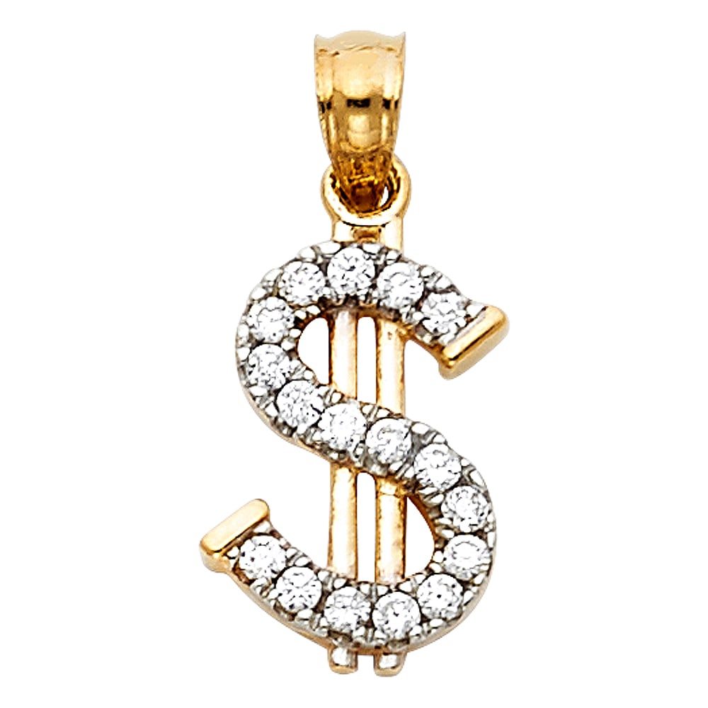 14K 2T CZ DOLLAR SIGN PENDANT: 14K 2T CZ Dollar Sign Pendant Type: Pendant Material Type: 14k Gold Material Color: Two Tone Avg. Weight: 0.97 Gr. Size: Height : 14 mm,Width : 10 mm Accessories: None Notice: When purchas