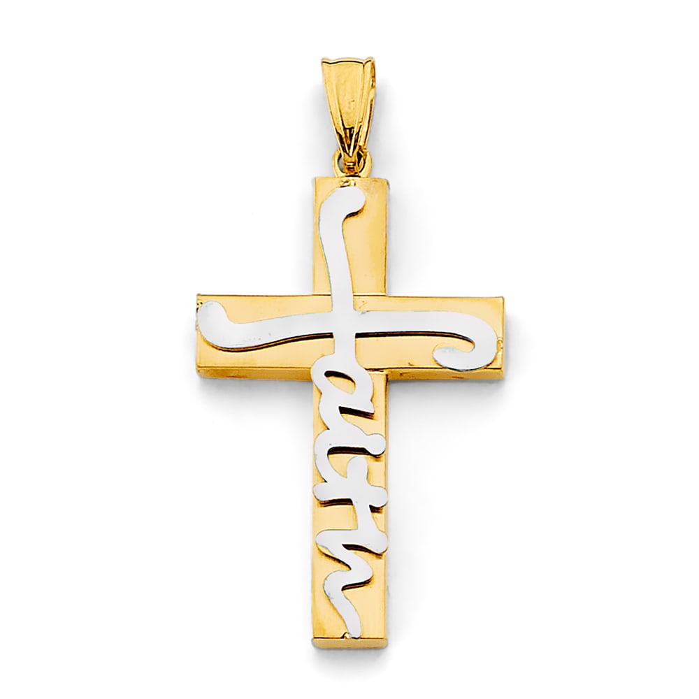 14K 2T FAITH CROSS PENDANT: 14K 2T Faith Cross Pendant Type: Pendant Material Type: 14k Gold Material Color: Two Tone Avg. Weight: 2.53 Gr. Size: Height : 40 mm, Width : 20 mm Accessories: None Notice: When purchasin