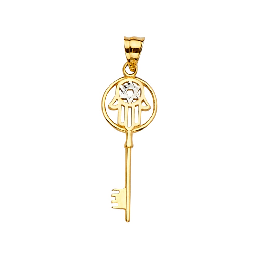 14K 2T HAMSA KEY PENDANT: 14K 2T Hamsa Key Pendant Type: Pendant Material Type: 14k Gold Material Color: Two Tone Avg. Weight: 0.93 Gr. Size: Height : 30 mm,Width : 9 mm Accessories: None Notice: When purchasing pr
