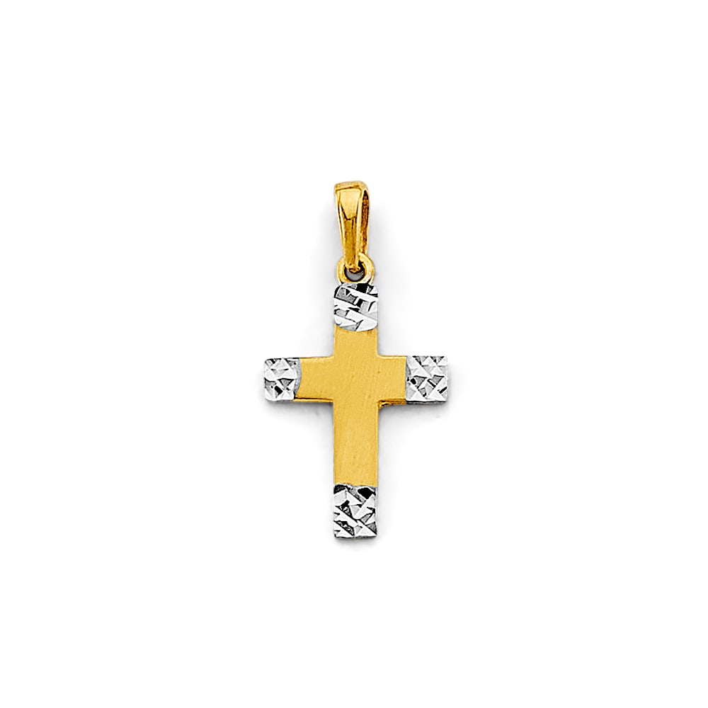 14K 2T SMALL CROSS PENDANT: 14K 2T Small Cross Pendant Type: Pendant Material Type: 14k Gold Material Color: Two Tone Avg. Weight: 0.6 Gr. Size: Height : 20 mm, Width : 10 mm Accessories: None Notice: When purchasing