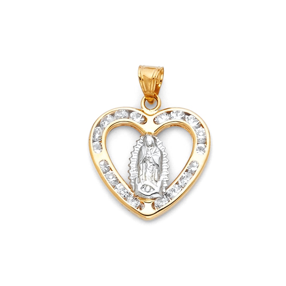 14K 2T RELIGIOUS CZ PENDANT: 14K 2T Religious CZ Pendant Type: Pendant Material Type: 14k Gold Material Color: Two Tone Avg. Weight: 1.31 Gr. Size: Height : 23 mm, Width : 17 mm Accessories: None Notice: When purchasi