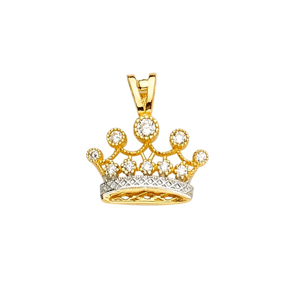 14KY CZ CROWN PENDANT: 14KY CZ Crown Pendant Type: Pendant Material Type: 14k Gold Material Color: Yellow Avg. Weight: 1.68 Gr Size: Height : 15 mm,Width : 18 mm Accessories: None Notice: When purchasing pre-own