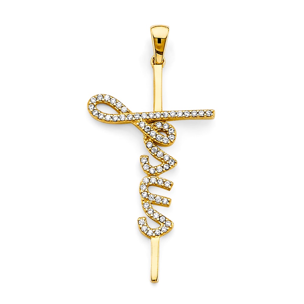 14KY CZ JESUS CROSS PENDANT: 14KY CZ Jesus Cross Pendant Type: Pendant Material Type: 14k Gold Material Color: Yellow Avg. Weight: 1.79 Gr. Size: Height : 40 mm, Width : 20 mm Accessories: None Notice: When purchasing