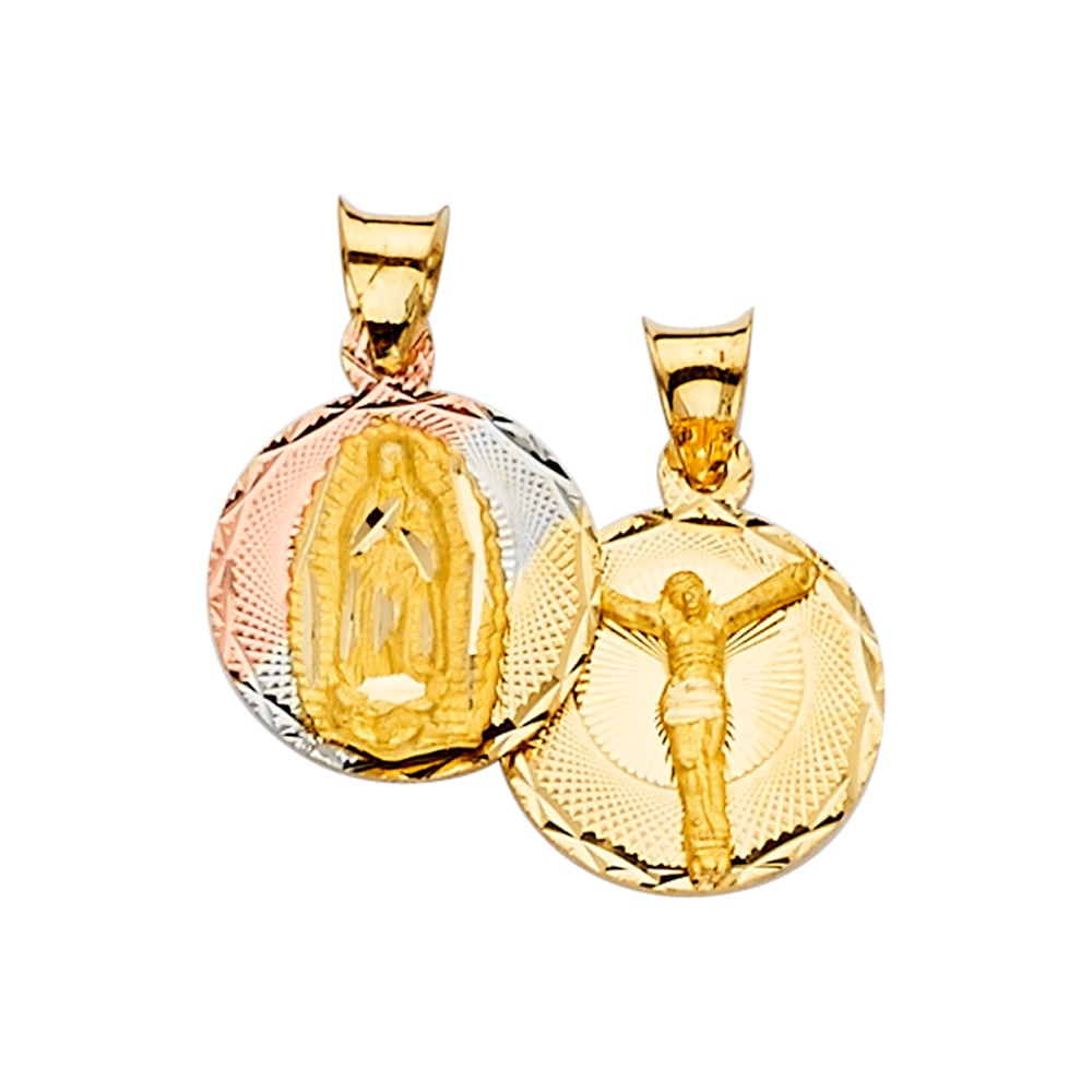 14K RELIGIOUS STAMP PENDANT: 14K Religious Stamp Pendant Type: Pendant Material Type: 14k Gold Material Color: Pink Avg. Weight: 0.76 Gr. Size: Height : 18 mm,Width : 12 mm Accessories: None Notice: When purchasing pr