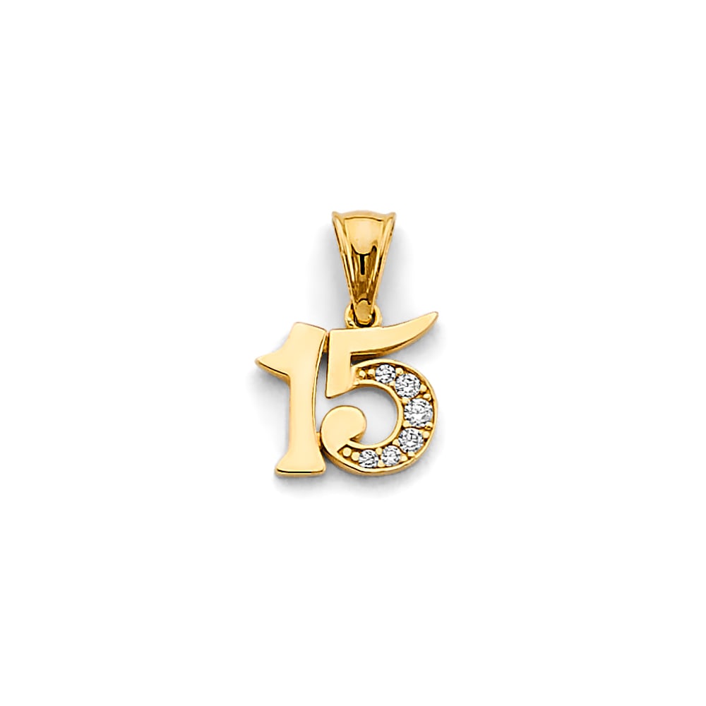 14KY CZ 15 YEARS PENDANT: 14KY CZ 15 Years Pendant Type: Pendant Material Type: 14k Gold Material Color: Yellow Avg. Weight: 0.94 Gr. Size: Height : 15 mm, Width : 10 mm Accessories: None Notice: When purchasing pr