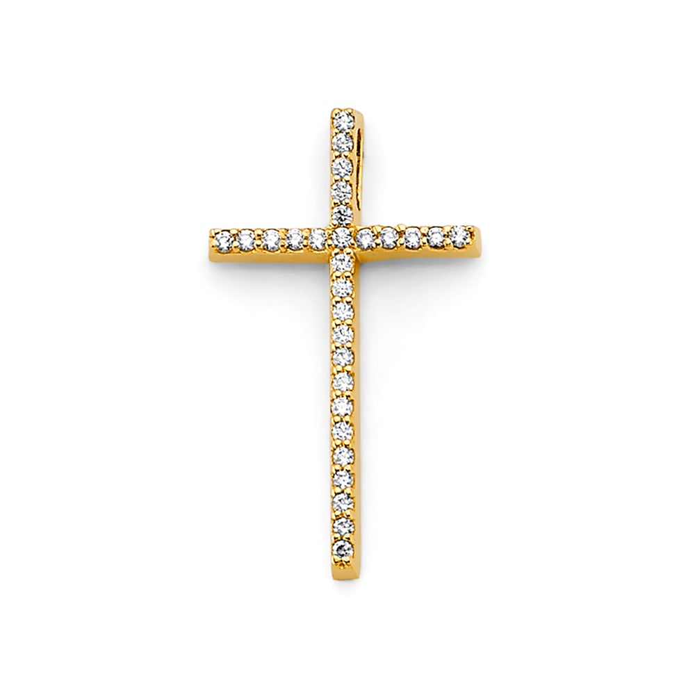14KY CZ CROSS PENDANT: 14KY CZ Cross Pendant Type: Pendant Material Type: 14k Gold Material Color: Yellow Avg. Weight: 1.18 Gr. Size: Height : 30 mm, Width : 15 mm Accessories: None Notice: When purchasing pre-o
