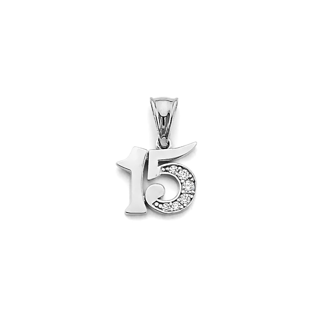 14KW CZ 15 YEARS PENDANT: 14KW CZ 15 Years Pendant Type: Pendant Material Type: 14k Gold Material Color: White Avg. Weight: 0.94 Gr. Size: Height : 15 mm, Width : 10 mm Accessories: None Notice: When purchasing pre