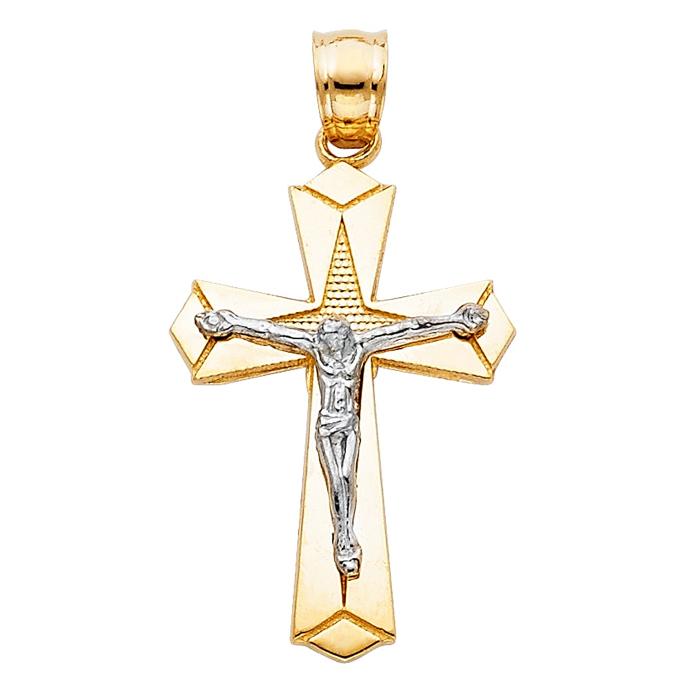14K 2T CRUCUFIX PENDANT: 14K 2T Crucufix Pendant Type: Pendant Material Type: 14k Gold Material Color: Two Tone Avg. Weight: 1.96 Gr. Size: Height : 25 mm Width : 18 mm Accessories: None Notice: When purchasing pr