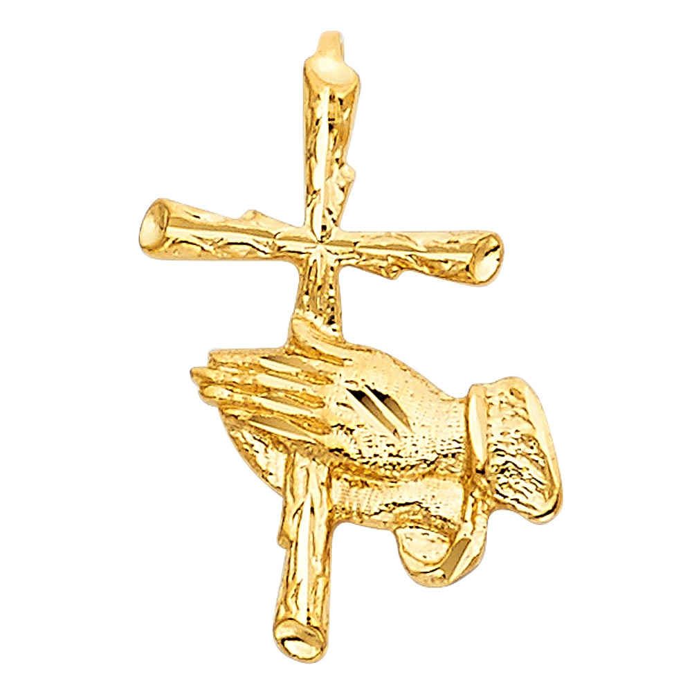 14KY PRAYING HAND WITH CROSS PENDANT: 14KY Praying Hand with Cross Pendant Type: Pendant Material Type: 14k Gold Material Color: Yellow Avg. Weight: 0.85 Gr. Size: Height : 23 mm,Width : 14 mm Accessories: None Notice: When pu