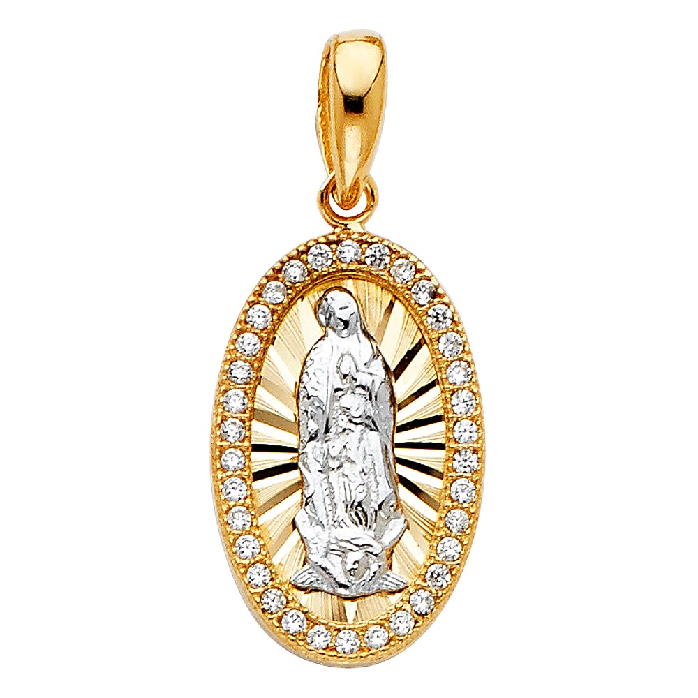 14K 2T CZ OUR LADY OF GUADALUPE PENDANT: 14K 2T CZ Our Lady of Guadalupe Pendant Type: Pendant Material Type: 14k Gold Material Color: Two Tone Avg. Weight: 2.02 Gr. Size: Height : 18 mm Width : 11 mm Accessories: None Notice: Wh