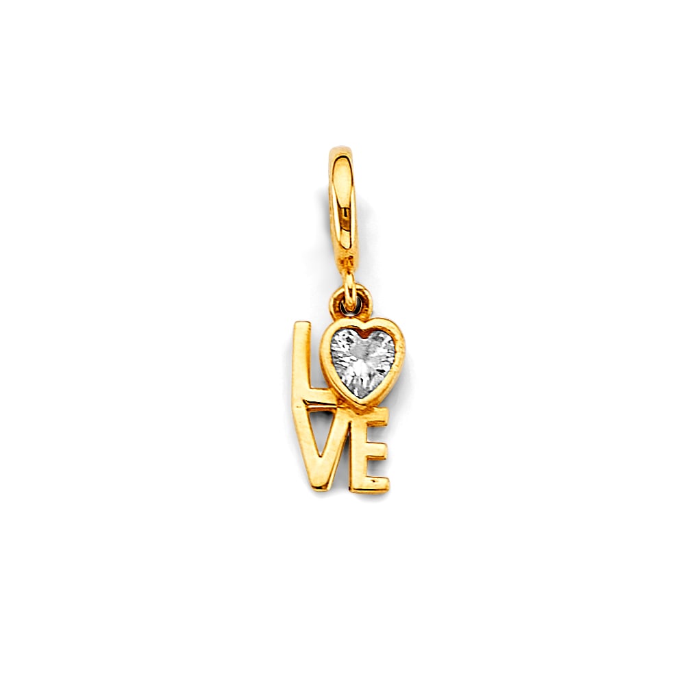 14KY CZ LOVE CHARM FOR MIX&MATCH BRACELET: 14KY CZ Love Charm for Mix&Match Bracelet Type: Pendant Material Type: 14k Gold Material Color: Yellow Avg. Weight: 0.95 Gr. Size: Height : 20 mm, Width : 7 mm Accessories: None Notice: When