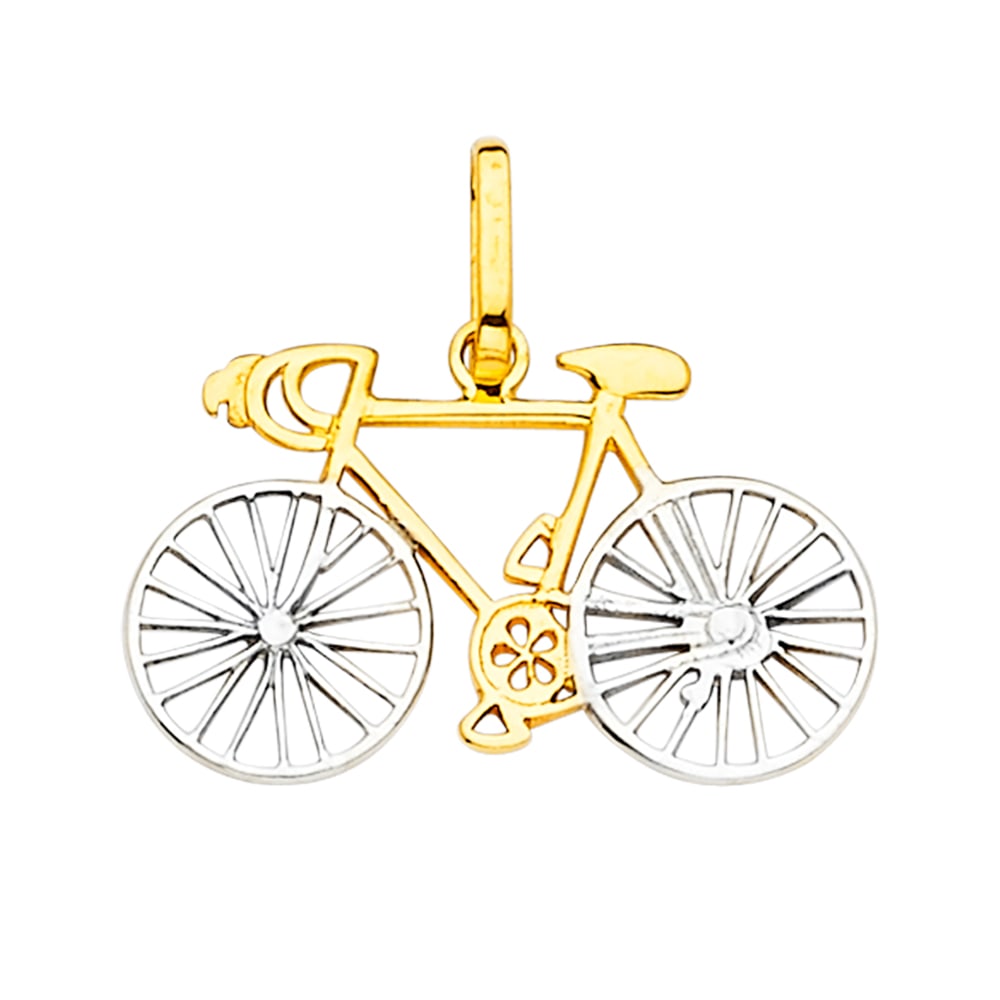 14K 2T BICYCLE PENDANT: 14K 2T Bicycle Pendant Type: Pendant Material Type: 14k Gold Material Color: Two Tone Avg. Weight: 1.44 Gr. Size: Height : 20 mm,Width : 24 mm Accessories: None Notice: When purchasing pre