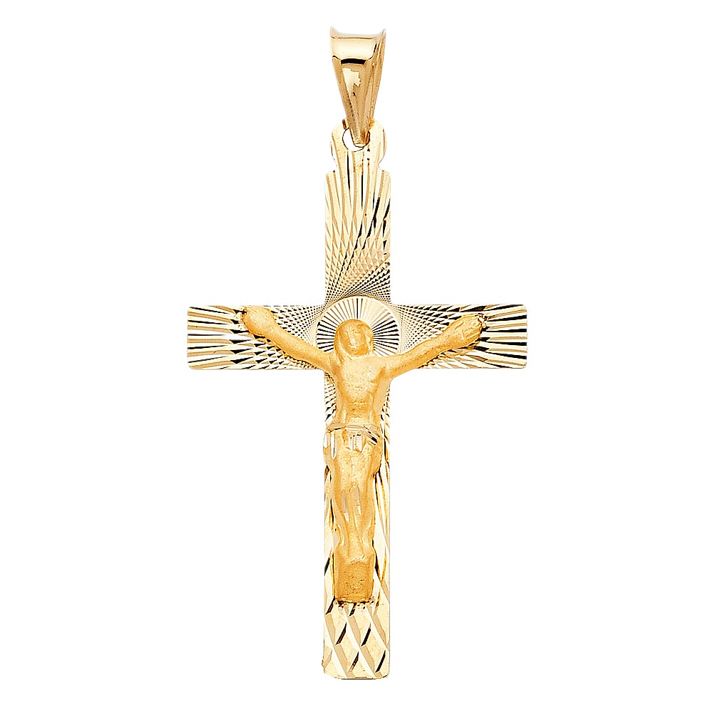 14KY CRUCUFIX STAMP PENDANT: 14KY Crucufix Stamp Pendant Type: Pendant Material Type: 14k Gold Material Color: Yellow Avg. Weight: 1.18 Gr. Size: Height : 37 mm Width : 25 mm Accessories: None Notice: When purchasing pre-owned
