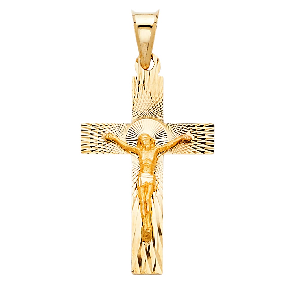 14KY CRUCUFIX STAMP PENDANT: 14KY Crucufix Stamp Pendant Type: Pendant Material Type: 14k Gold Material Color: Yellow Avg. Weight: 0.79 Gr. Size: Height : 27 mm Width : 18 mm Accessories: None Notice: When purchasing
