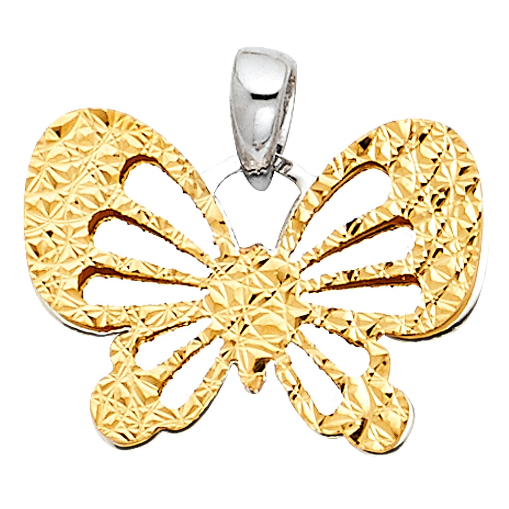 14K 2T BUTTERFLY PENDANT: 14K 2T Butterfly Pendant Type: Pendant Material Type: 14k Gold Material Color: Two Tone Avg. Weight: 1.08 Gr. Size: Height : 12 mm, Width : 16 mm Accessories: None Notice: When purchasing