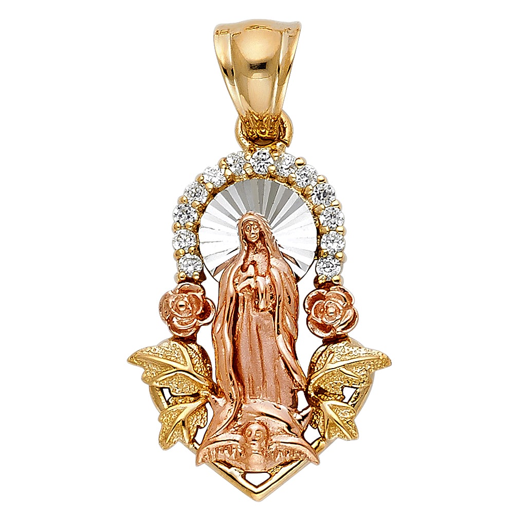 14K 2T CZ OUR LADY OF GUADALUPE PENDANT: 14K 2T CZ Our Lady of Guadalupe Pendant Type: Pendant Material Type: 14k Gold Material Color: Two Tone Avg. Weight: 5.02 Gr. Size: Height : 28 mm Width : 21 mm Accessories: None Notice: Wh