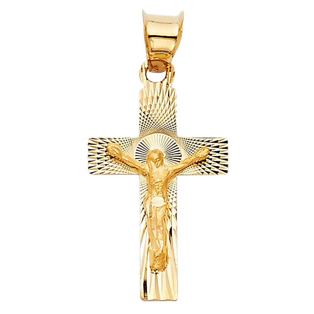 14KY CRUCUFIX STAMP PENDANT: 14KY Crucufix Stamp Pendant Type: Pendant Material Type: 14k Gold Material Color: Yellow Avg. Weight: 0.42 Gr. Size: Height : 20 mm Width : 13 mm Accessories: None Notice: When purchasing