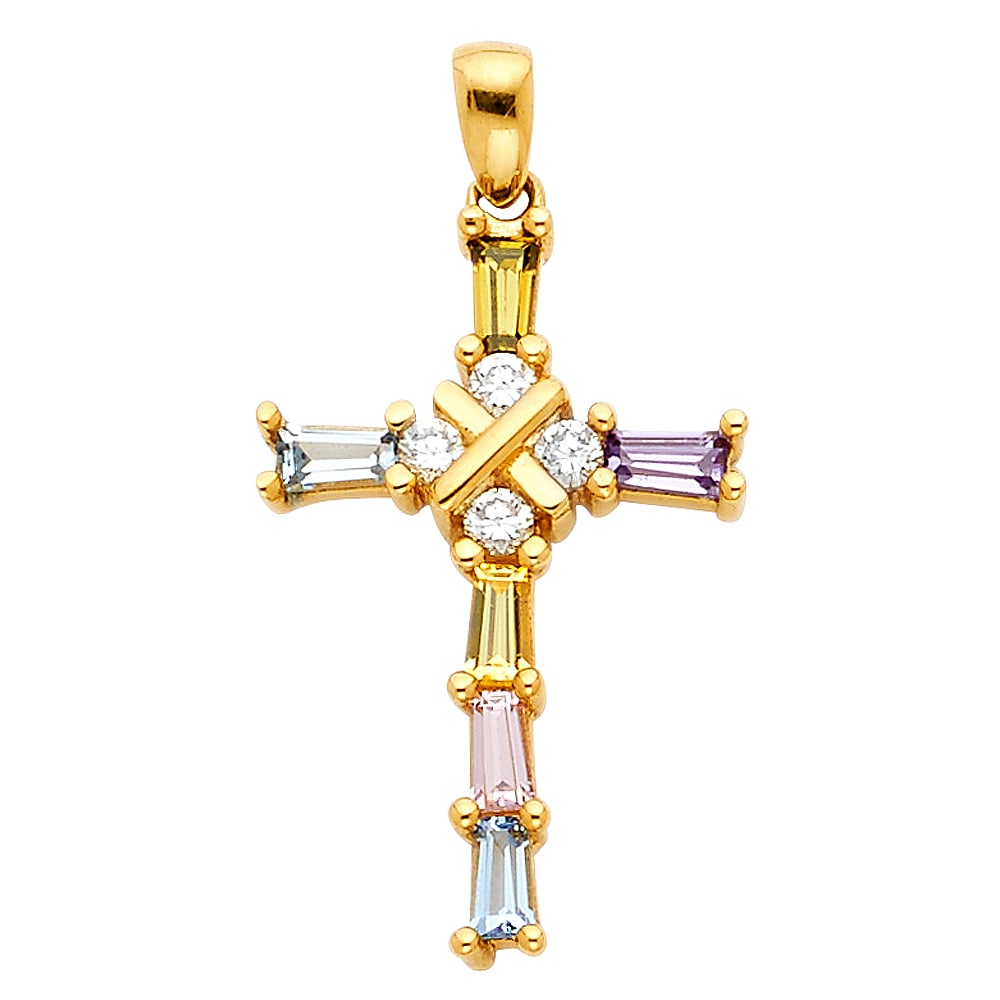 14KY CROSS CZ PENDANT: 14KY Cross CZ Pendant Type: Pendant Material Type: 14k Gold Material Color: Yellow Avg. Weight: 1.79 Gr. Size: Height : 21 mm, Width : 13 mm Accessories: None Notice: When purchasing pre-o