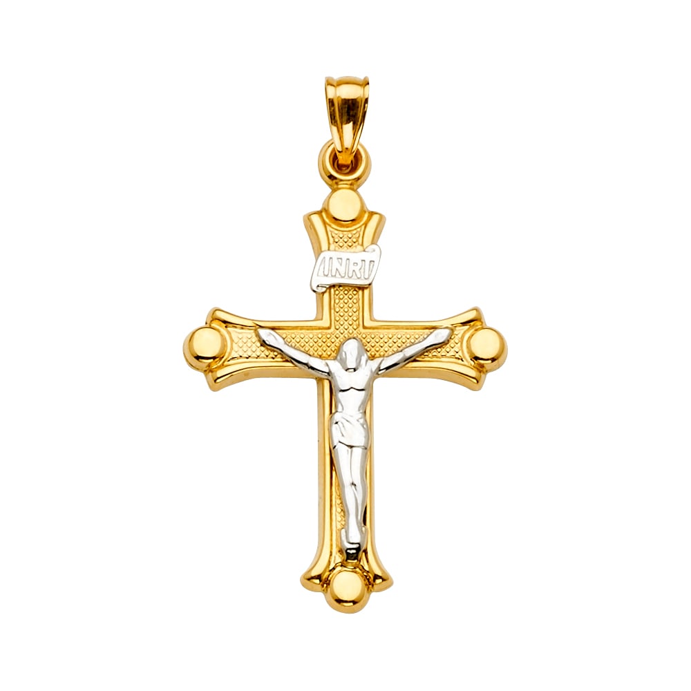 14K 2T CRUCUFIX CROSS PENDANT: 14K 2T Crucufix Cross Pendant Type: Pendant Material Type: 14k Gold Material Color: Two Tone Avg. Weight: 2.5 Gr. Size: Height : 43 mm,Width : 25 mm Accessories: None Notice: When purchasi