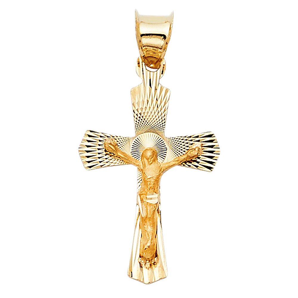 14KY CRUCUFIX STAMP PENDANT: 14KY Crucufix Stamp Pendant Type: Pendant Material Type: 14k Gold Material Color: Yellow Avg. Weight: 0.81 Gr. Size: Height : 20 mm Width : 14 mm Accessories: None Notice: When purchasing
