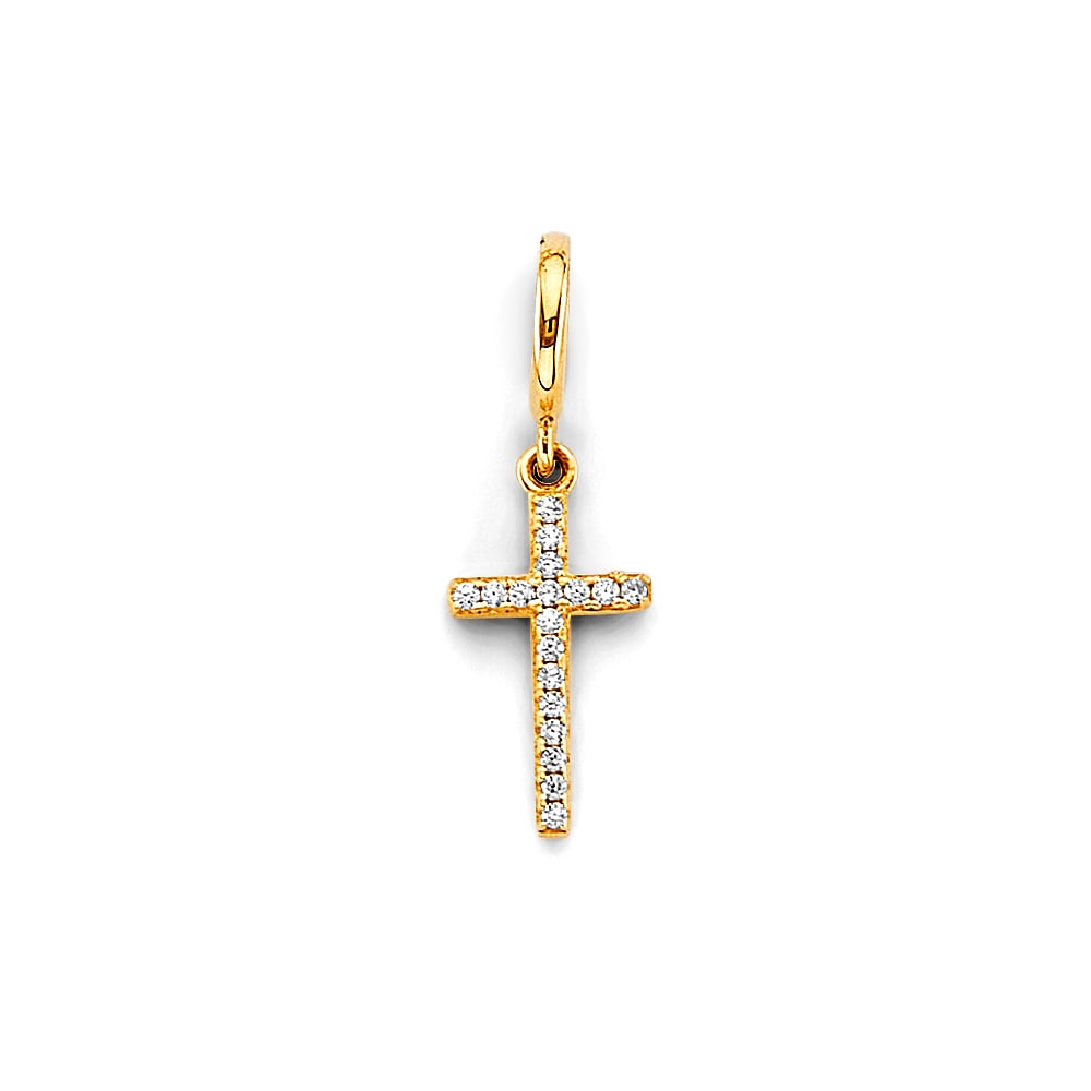 14KY CZ CROSS CHARM FOR MIX&MATCH BRACELET: 14KY CZ Cross Charm for Mix&Match Bracelet Type: Pendant Material Type: 14k Gold Material Color: Yellow Avg. Weight: 0.9 Gr. Size: Height : 22 mm, Width : 8 mm Accessories: None Notice: Wh
