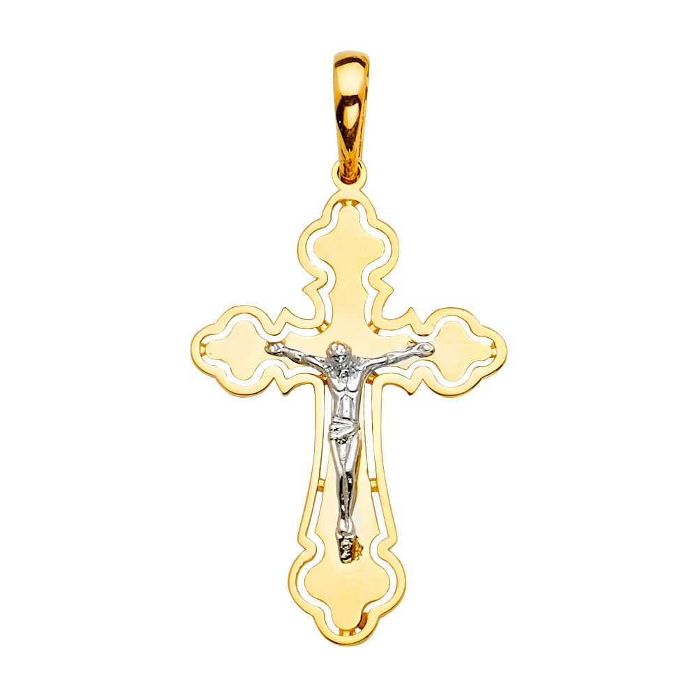 14K 2T CRUCUFIX CROSS PENDANT: 14K 2T Crucufix Cross Pendant Type: Pendant Material Type: 14k Gold Material Color: Two Tone Avg. Weight: 2.35 Gr. Size: Height : 46 mm,Width : 25 mm Accessories: None Notice: When purchas