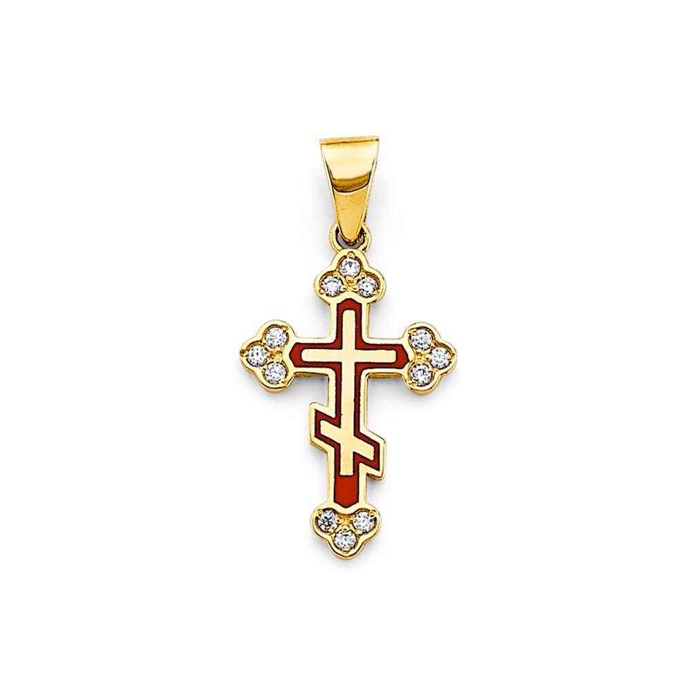 14KY ENAMEL CROSS PENDANT: 14KY Enamel Cross Pendant Type: Pendant Material Type: 14k Gold Material Color: Yellow Avg. Weight: 1.1 Gr. Size: Height : 25 mm, Width : 13 mm Accessories: None Notice: When purchasing pr
